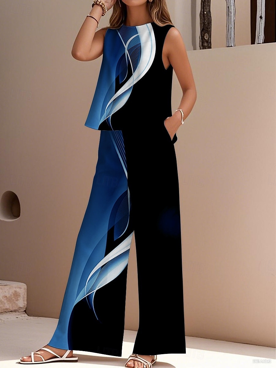 damskie eleganckie modne streetwear dwuczęściowe zestawy bluzka kamizelka spodnie bez rękawów okrągły dekolt outdoor praca swobodny geometryczny gradient nadruk wakacje codzienne wakacje biały niebieski fioletowy lato regularny krój 2025 - $36.99 –P3