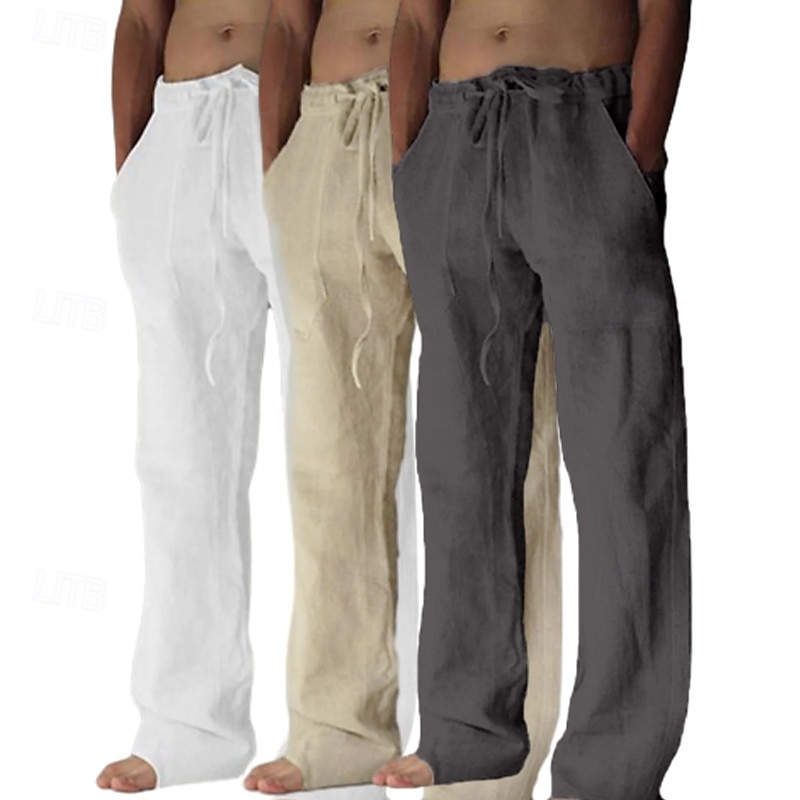 Homens Calças de linho Calças Calça verão Calças largas Calças de praia Bolsos Com Cordão Tecido Conforto Respirável Comprimento total Ioga Casual Diário Férias Estilo Clássico Khaki + Branco + Cinza de 2025 por $39.99 –P5