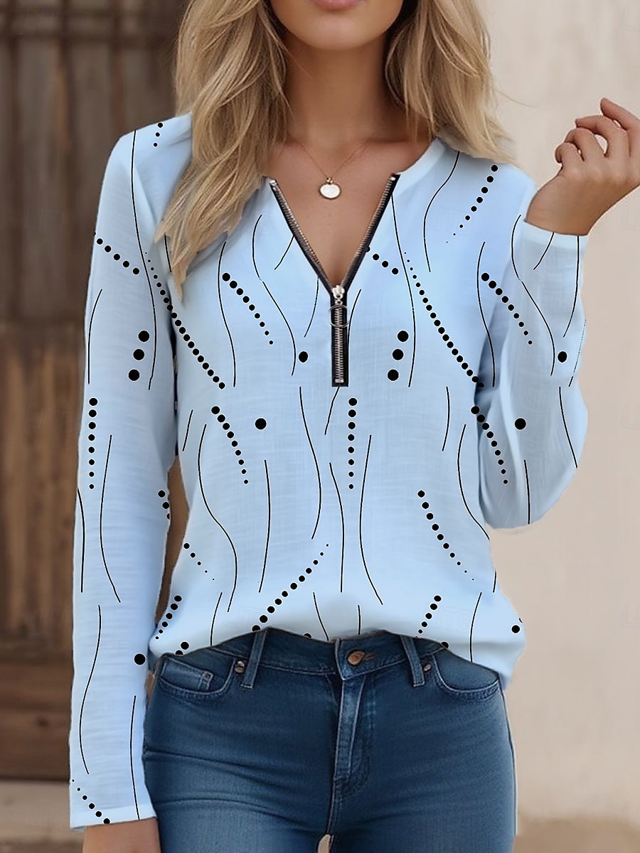 Femmes T-shirt Graphique À pois Élégant ancien Classique manche longue Col en V Hauts Réguliers Quotidien Week-end Fermeture éclair Imprimé Blanche Jaune Bleu Violet Été Printemps de 2025 ? $27.99 –P2