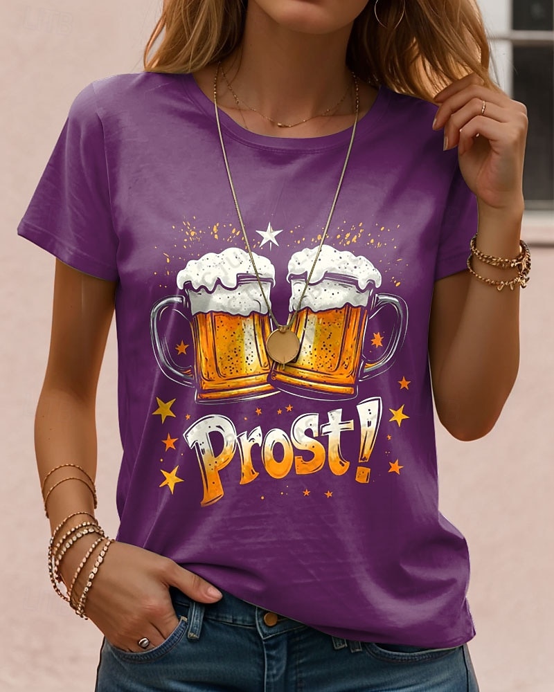 Fête d'Octobre Femmes T-shirt Graphique Lettre ancien Élégant Classique Manche Courte Col ras du cou Hauts Réguliers Quotidien Week-end Imprimé Noir Bleu Violet Vert Été Printemps de 2025 ? $19.99 –P3