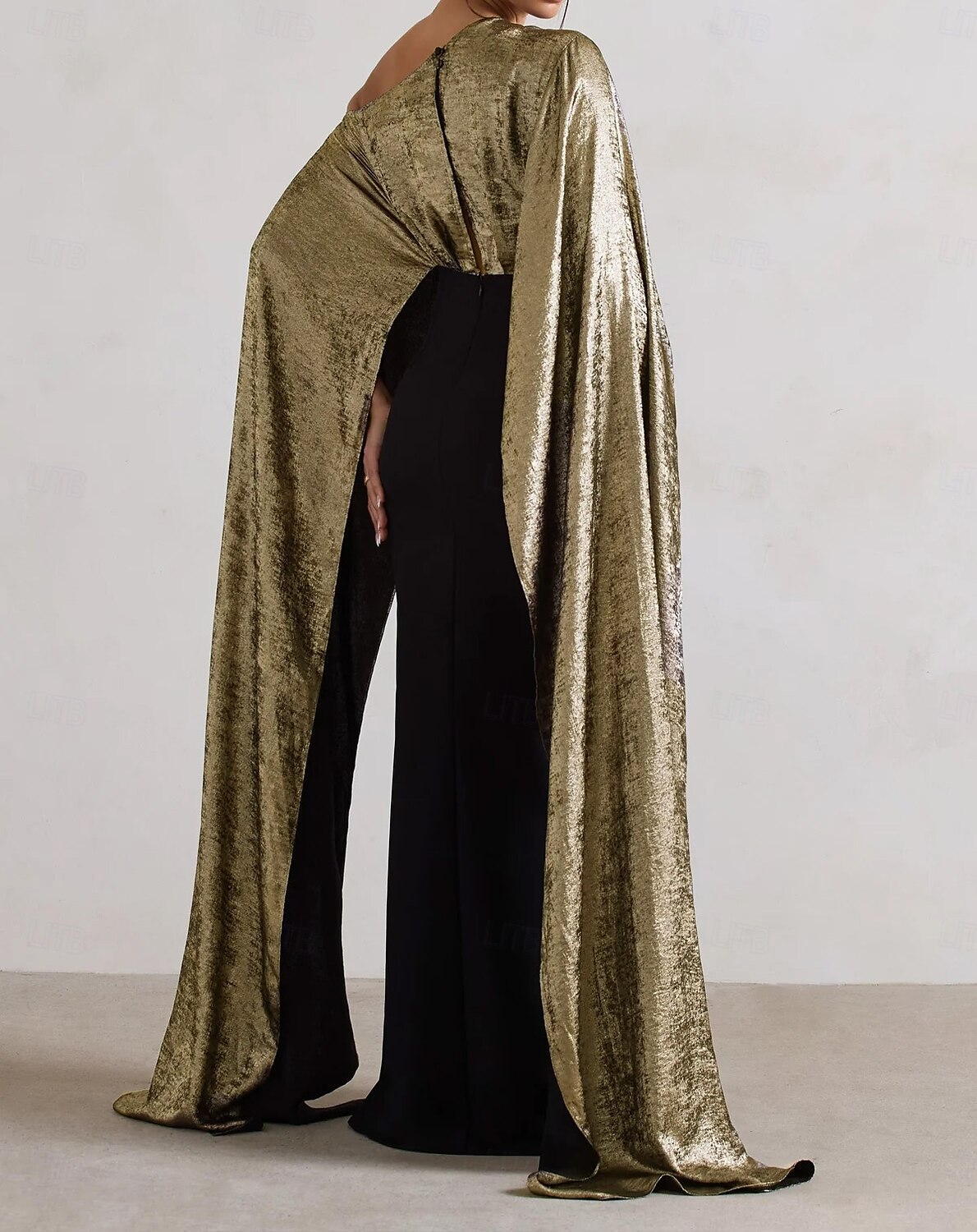 vestido de capa preto estilo sereia/trompete, elegante, formal, casamento, cauda longa/escova, um ombro só, tecido lurex, crepe elástico com detalhes franzidos 2025 de 2025 por $145.99 –P4