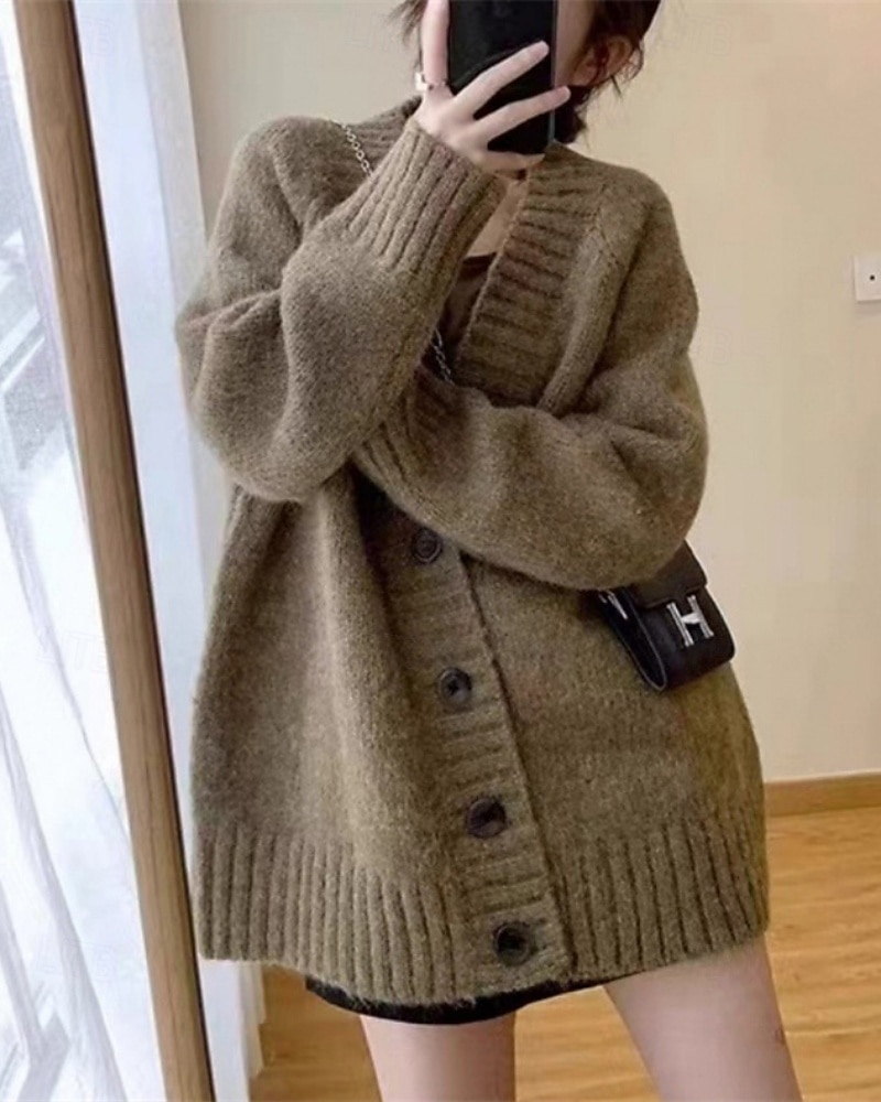 Damen Pullover Strickjacke Mode Einfarbig Gerippt V Ausschnitt Knöpfe Gestrickt Langarm Normale Oberteile Stricken Täglich Ferien Ausgehen Schwarz Dunkelgray Herbst 2025 - $28.99 –P2