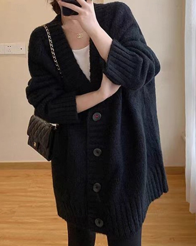 Damen Pullover Strickjacke Mode Einfarbig Gerippt V Ausschnitt Knöpfe Gestrickt Langarm Normale Oberteile Stricken Täglich Ferien Ausgehen Schwarz Dunkelgray Herbst 2025 - $28.99 –P8