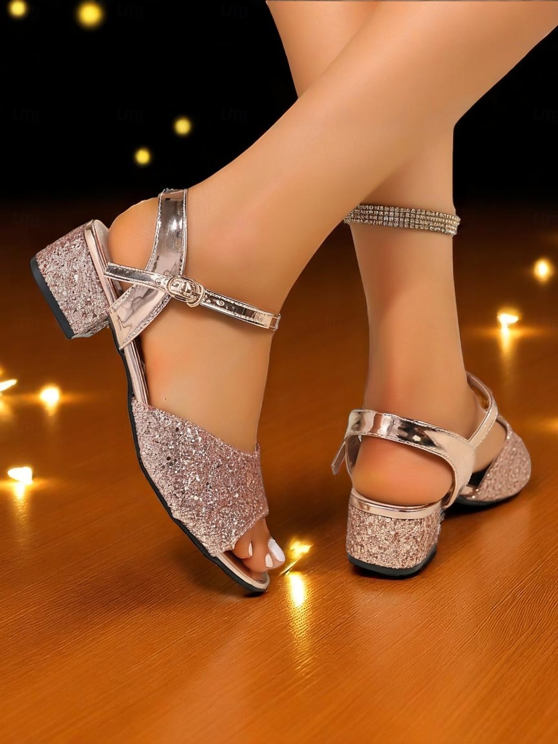 Sandalias de tacón cuadrado con purpurina en oro rosa para mujer: zapatos de fiesta brillantes con punta abierta y correa en el tobillo para eventos nocturnos y clubes. 2025 - $26.99 –P3