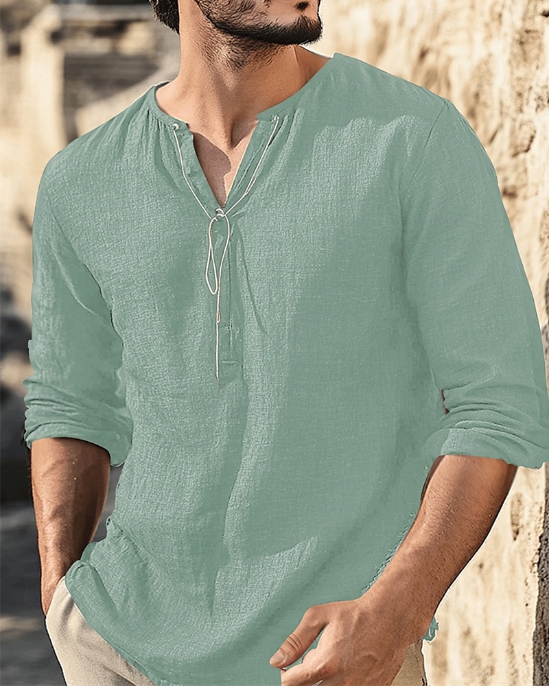 Herren Hemd Leinenhemd Popover-Hemd Freizeithemd Baumwollhemd Einfach Urlaub Hawaiianisch Schwarz Weiß Braun Grün Langarm V Ausschnitt Frühling Herbst Bekleidung 2025 - $32.99 –P3