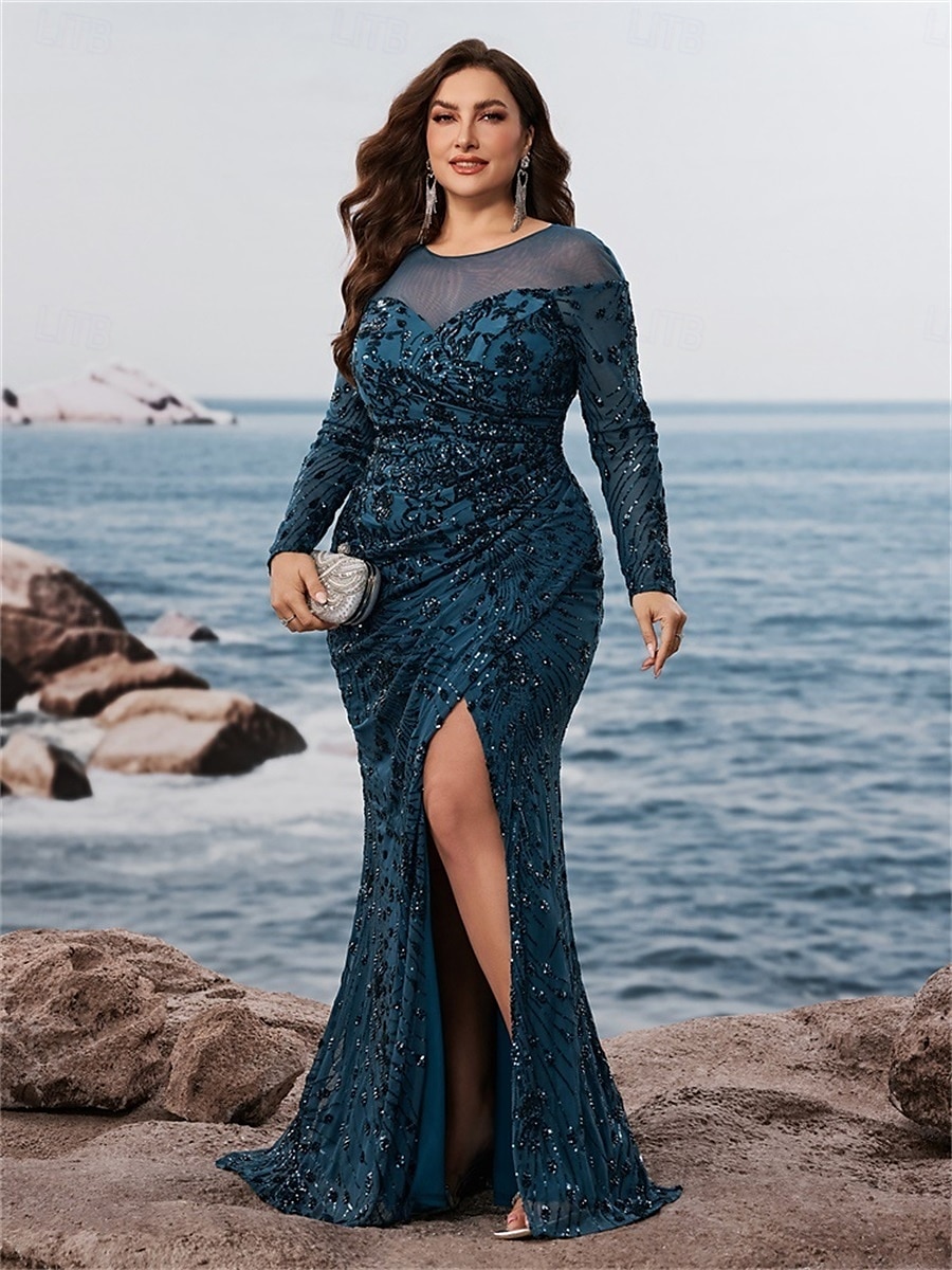 Havfrue Trumpet Plus Size Kjoler Elegant Kurve Kjole Formell Bryllup Gulvlengde Lang Erme Crew Neck Polyester med Splitt 2025 - $129.99 –P6