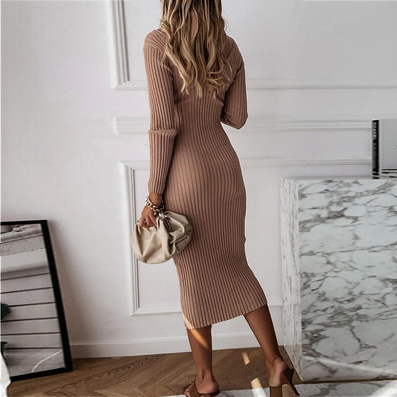 Dámské Midi šaty Pletené šaty Bodycon Klasické Moderní Dovolená Denní Víkend Běžný Bez vzoru Dlouhý rukáv Do V Černá Bílá Khaki Podzim 2025 - $26.99 –P2