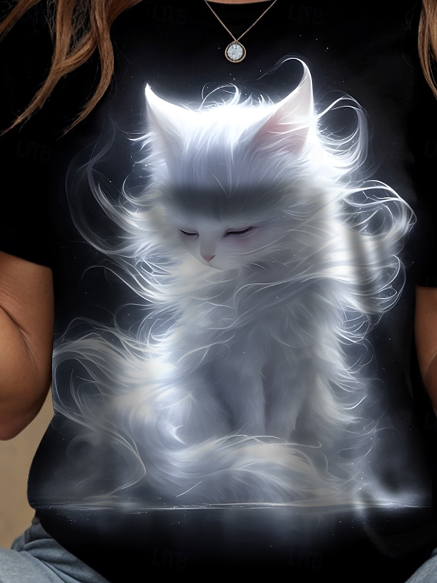 Dame T skjorte Grafisk Dyr Katt Årgang Stilfull Klassisk Kortermet Crew-hals Rund hals Vanlige topper Daglig Helg Trykt mønster Svart Rød Blå Lilla Grønn Sommer Vår 2025 - $19.99 –P3