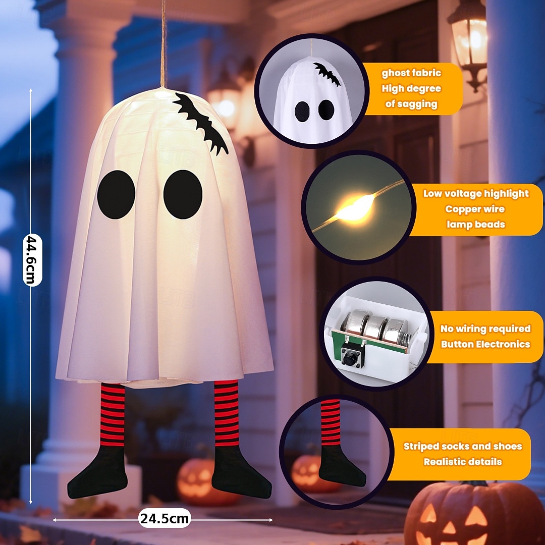 2025年 ハロウィンゴースト吊り下げゴースト屋内および屋外ポーチツリー中庭ガーデンテラス装飾ライト3照明モード風景ライト1個  コレクション – $7.99 –P1
