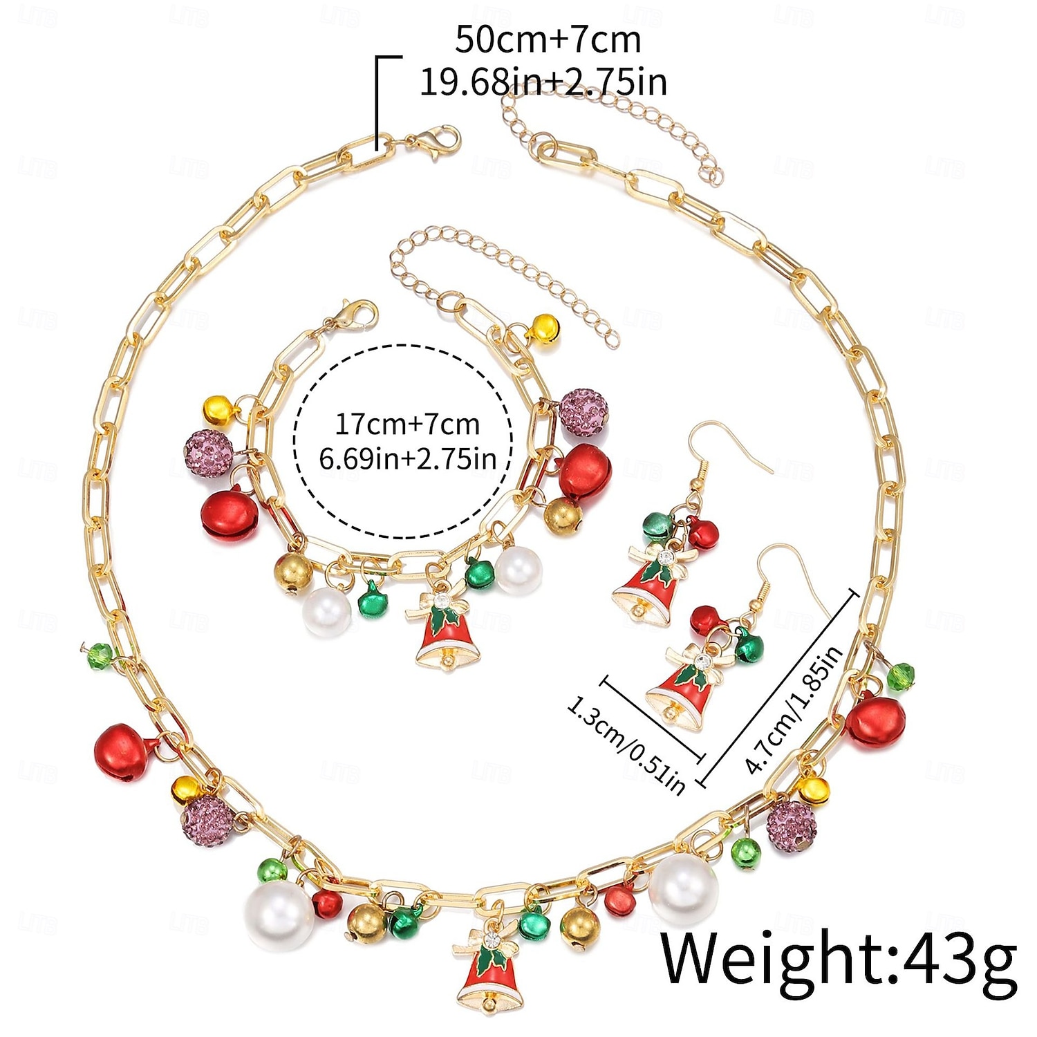 Conjunto de joias com pingentes de Natal para mulheres - colar de corrente de ouro, pulseira e brincos com sino festivo e pingentes de pérola, acessórios elegantes para festas de fim de ano para de 2025 por $9.99 –P1