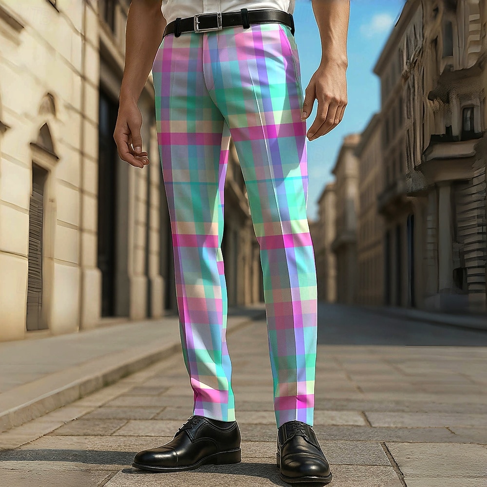 Herren Geometrisch Farbblock Karo / Karomuster Anzughose Hose Freizeithose Mittlere Taille Lässig Urlaub Party Täglich Sommer Frühling Herbst 3D-Druck Gelb Blau Grün 2025 - $29.99 –P2