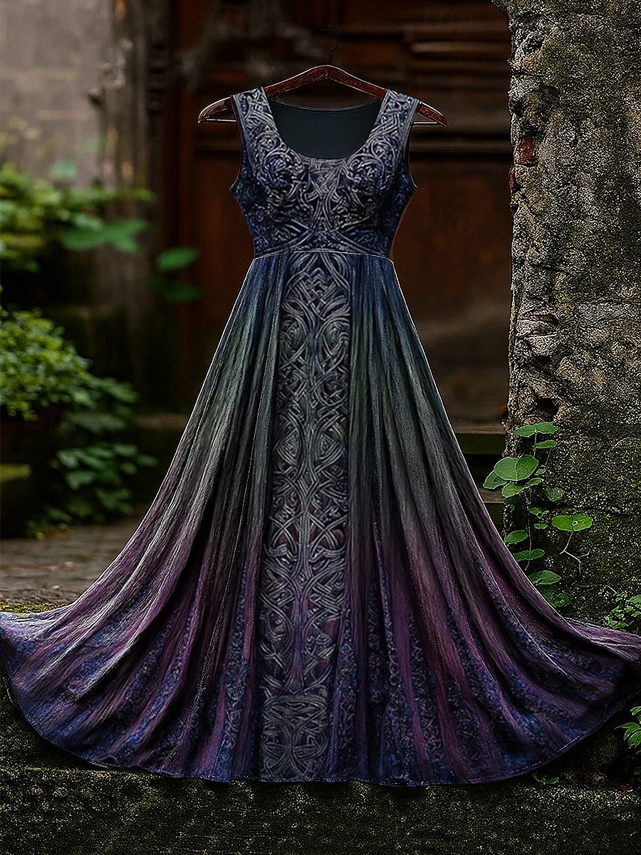 Robe longue vintage viking celtique à motif dégradé pour femme, robe d'été, robe trapèze, robe nuisette, robe plissée, vacances, décontractée, bohème, plage, coupe classique, graphique, sans manches, de 2025 ? $24.99 –P1