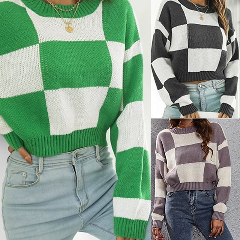 Mulheres Pulôver Casual Bloco de cor Robusto Gola Redonda Tricotado Manga Longa Tops curtos Tricotar Diário Feriado Para Noite Preto Roxo Outono Inverno de 2025 por zł100.99 –P1