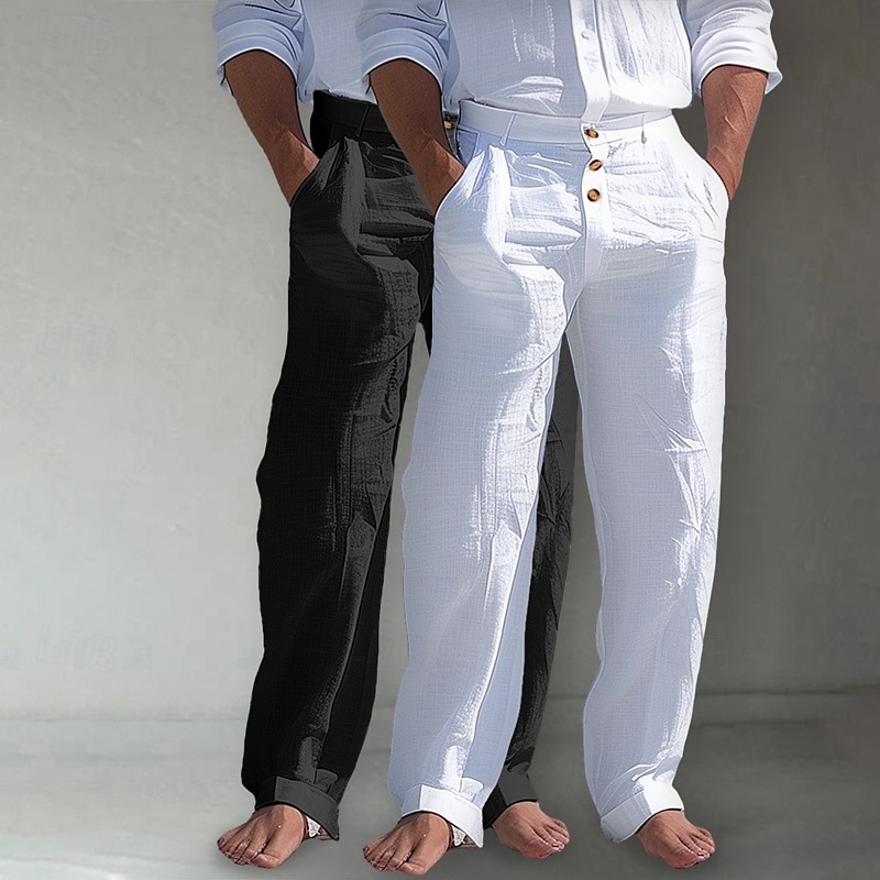 2026年 男性用 リネンパンツ ズボン サマーパンツ ビーチパンツ フロントポケット まっすぐな足 マルチパック 平織り 履き心地よい 高通気性 全長 アウトドア ビジネス 日常 旅行度假风 ファッション ホワイト+カーキ カーキ+ブラック 伸縮性なし  コレクション – $35.99 –P13