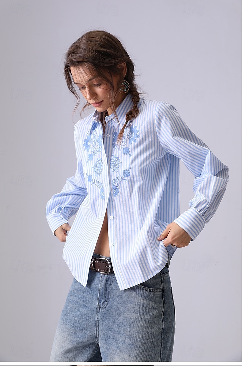 Femmes Chemise Fleuri Rayé Élégant Bohème ancien manche longue Col de chemise Hauts Réguliers Travail Quotidien Fête Broderie 1# Original bleu clair-BLEU Printemps, Automne, Hiver, Été de 2025 ? $41.99 –P2