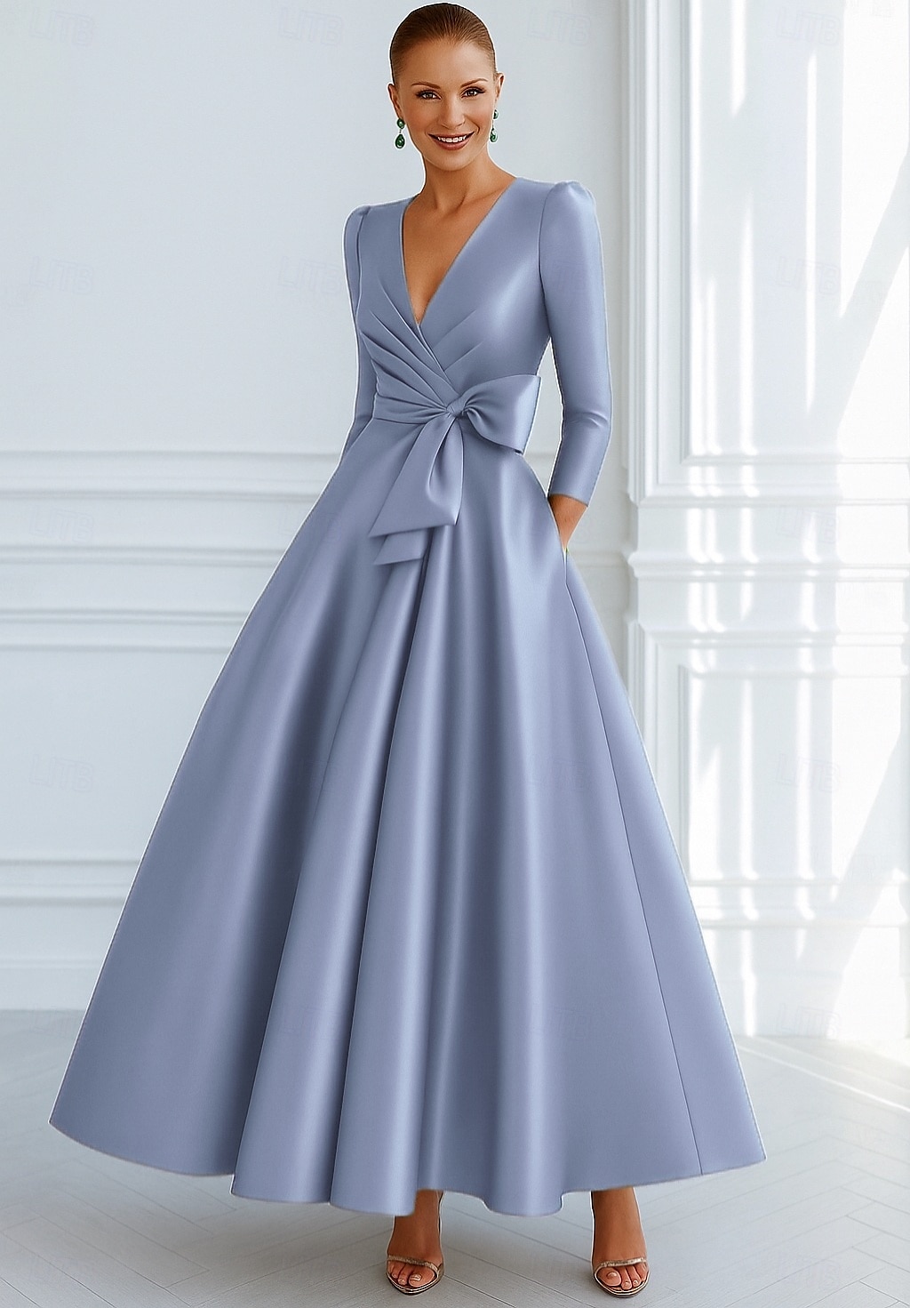 Bind A-Linien Abendkleid Elegantes Kleid Formelle Hochzeitsgast Boden Länge 3/4 Länge Ärmel V-Ausschnitt Tasche Stretch Satin mit Schleife(n) 2025 - $147.99 –P8