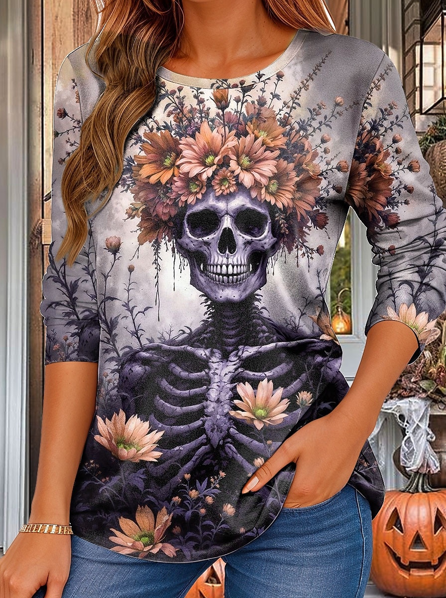 Halloween Dame T skjorte Blomstret Grafisk Hodeskaller Årgang Mote Stilfull Langermet Crew-hals Vanlige topper Daglig Trykt mønster Rosa Lilla Oransje Grønn Sommer Vår Høst 2025 - $22.99 –P5