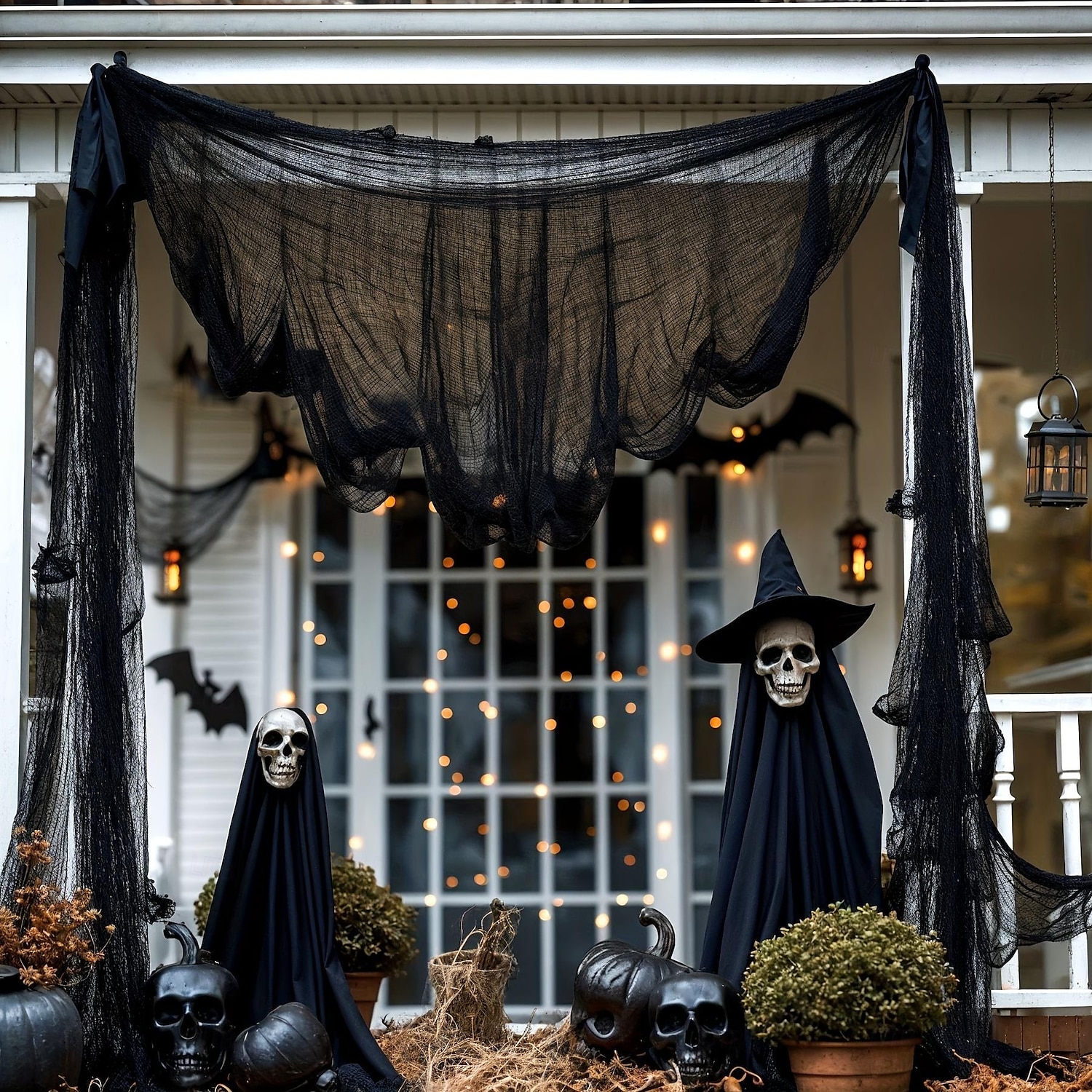 Tenda in garza nera spettrale da 1 pezzo per Halloween, perfetta per decorazioni di case infestate, discoteche e stanze di fuga, tessuto in poliestere, decorazioni di Halloween, contenitore del 2025 a $7.99 –P4