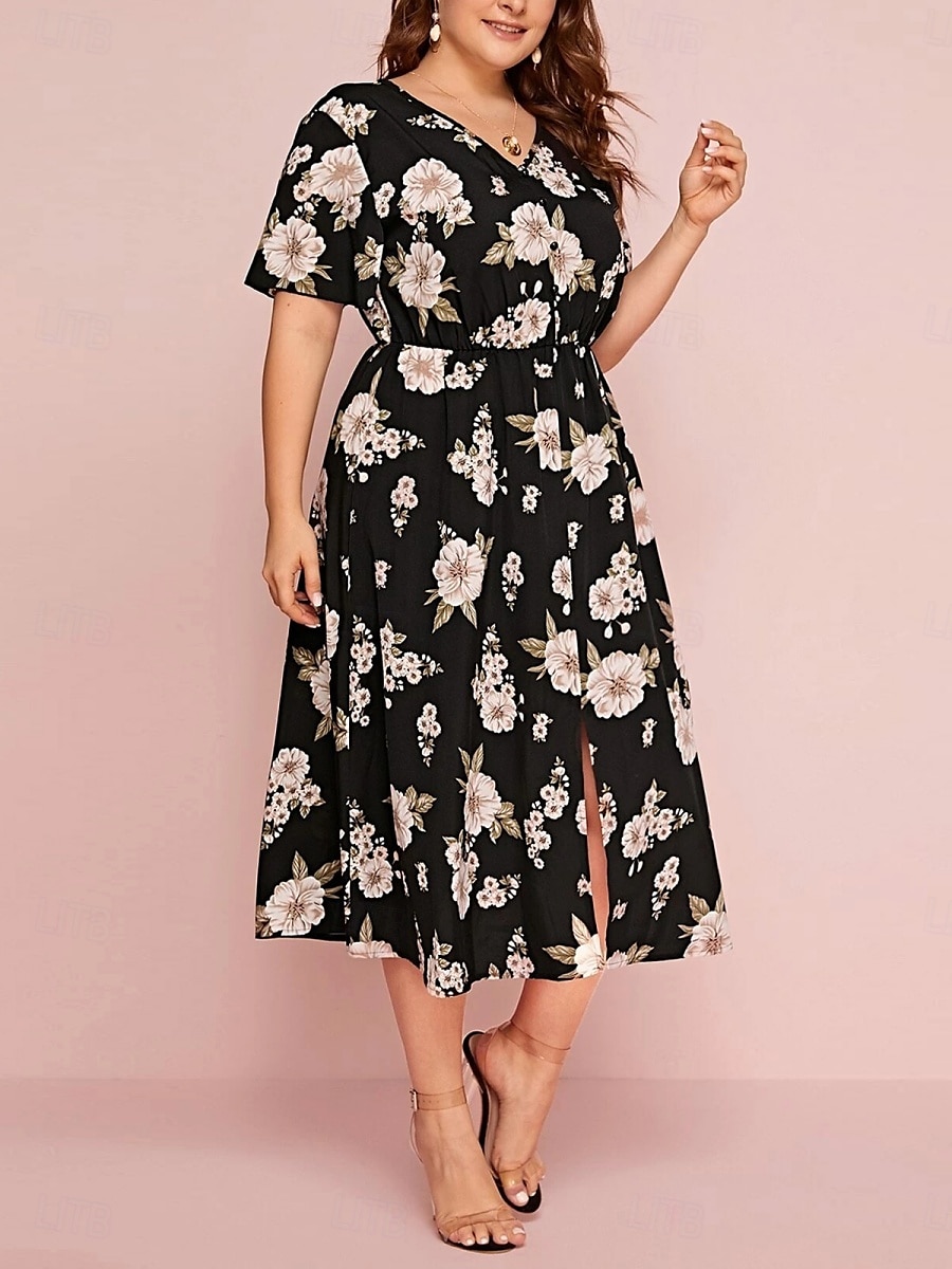 Pentru femei Mărime Plus Rochie casual Floral În V Manșon scurt Vară Primăvară Elegant Modă Modern Casual Rochii Midi Zilnic Concediu Rochie 2025 - $23.99 –P1