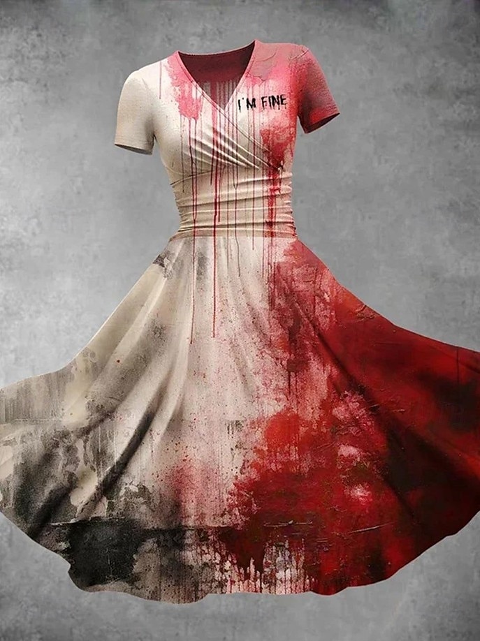 Halloween Dámské Midi Šaty A-Liniové Šaty Letní Šaty Fit a Flare Party Casual Denní Prázdny Regular Fit Graphic Abstraktní Krátký rukáv V výstřih Tmavě zelená Bílá Vínová červená Léto Podzim 2025 - $26.99 –P2