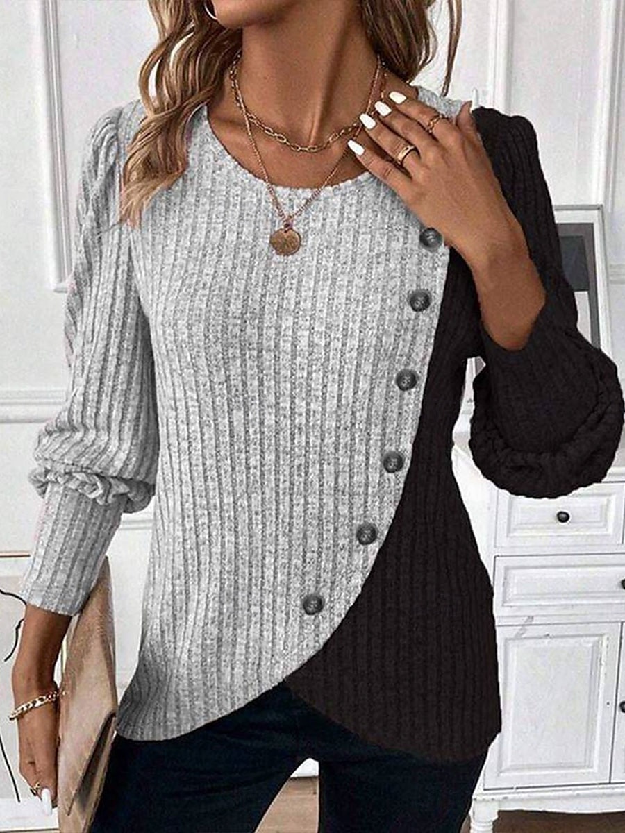 Damen Bluse Geometrisch Farbblock Tropisch Stilvoll Lässig Langarm Rundhalsausschnitt Normale Oberteile Täglich Patchwork Knöpfe Rosa Himmelblau Grau Frühling Herbst Winter 2025 - $26.99 –P3