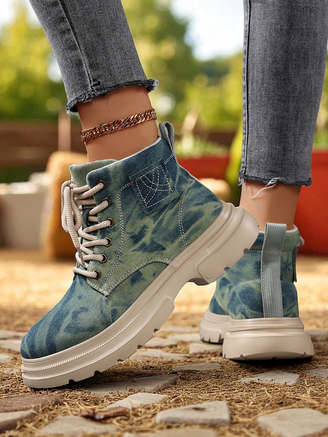 Women's Tie-Dye Canvas Work Boots with Chunky Sole – Casual Lace-Up Outdoor Boots for Harvest Festival, Farm Work and Fall Outings 2025 - $42.99 –P6