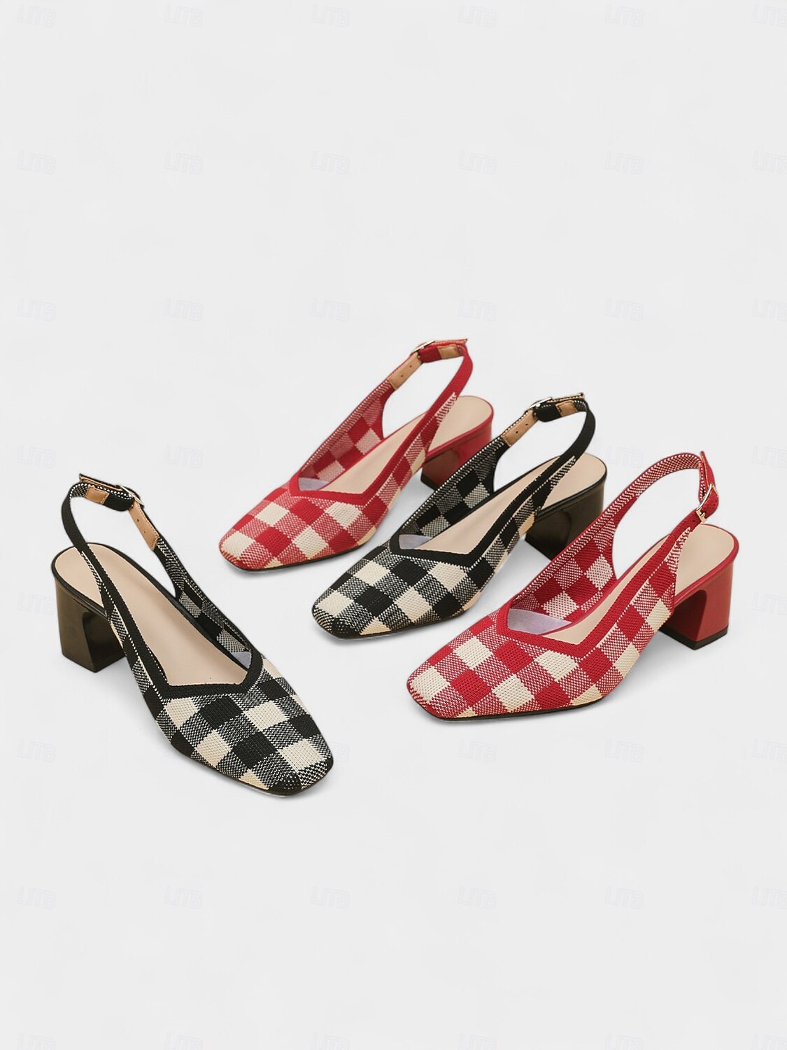 Women's Red Gingham Slingback Block Heel Pumps - Retro Style Knit Dress Shoes for Comfortable Walking, Casual Picnic, Summer Parties, and Daily Office Wear 2025 - $34.99 –P1