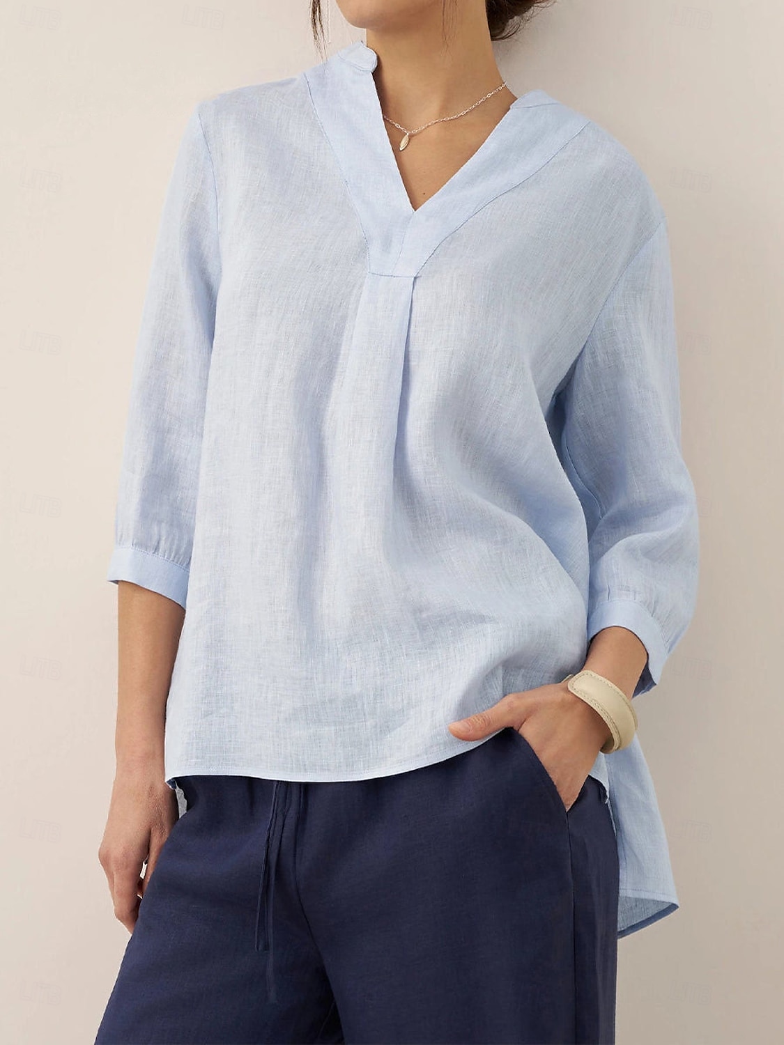 Dame Bluse Helfarge Elegant Fritid Langermet V-hals Vanlige topper Daglig Ferie Knapper Hvit Rosa Blå Kakifarget Vår Høst 2025 - $26.99 –P7