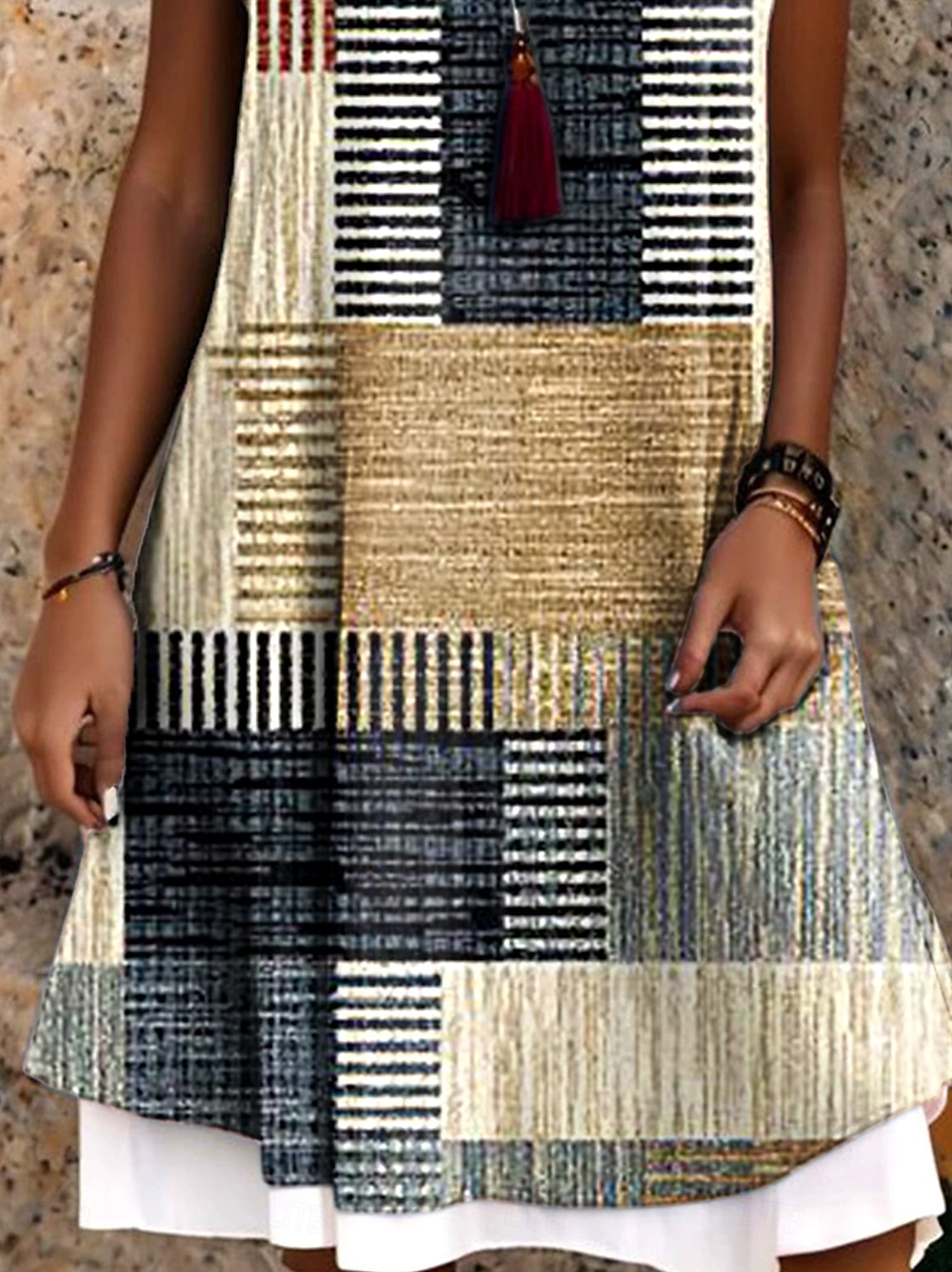 Damen Minikleid T-Shirt-Kleid Sommerkleid A Linie Kleid Urlaub Lässig Boho Täglich Lässiger Schnitt Grafik Geometrisch Karomuster Ärmellos Rundhalsausschnitt Khaki Sommer Frühling Herbst 2025 - $24.99 –P3