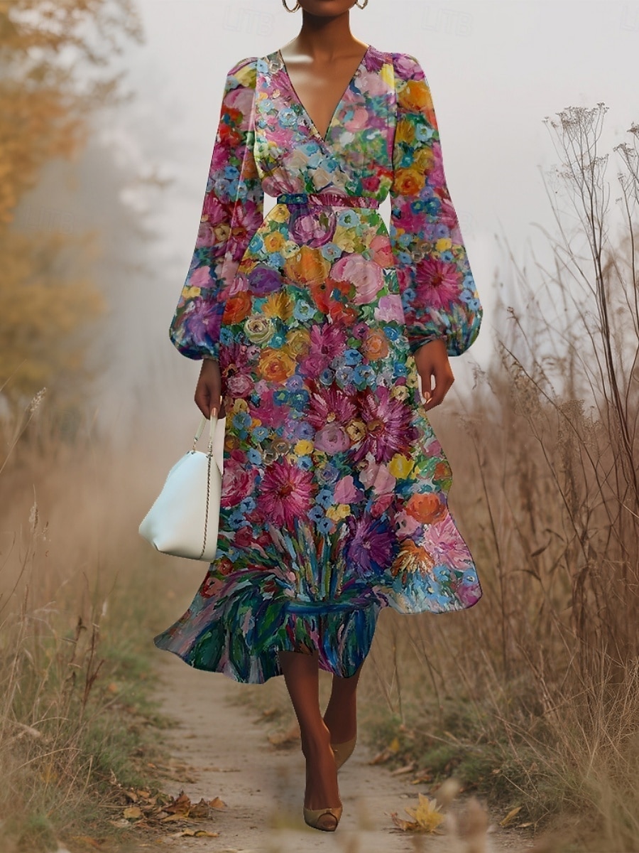 Dames Halflange jurk Casual jurk Chiffon Swingjurk Modern Vakantie Dagelijks Weekend Normale pasvorm Bloemig Vlinder Lange mouw V-hals Blozend Roze Donkergroen Groen Zomer Lente Herfst 2025 - $31.99 –P8