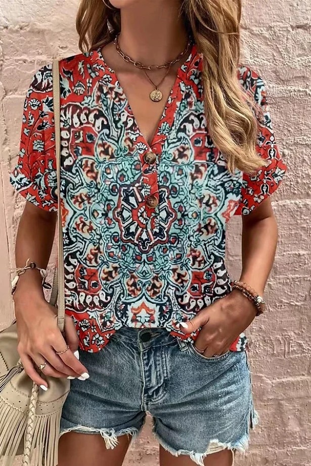 Damskie Podkoszulek Graficzny Plemienny Elegancki Codzienny Boho Krótki rękaw W serek Zwykłe topy Codzienny Wyjściowe Weekend Nadruk Czarny i biały Czerwony Fioletowy Czerwony / Niebieski Lato Wiosna 2025 - $24.99 –P4