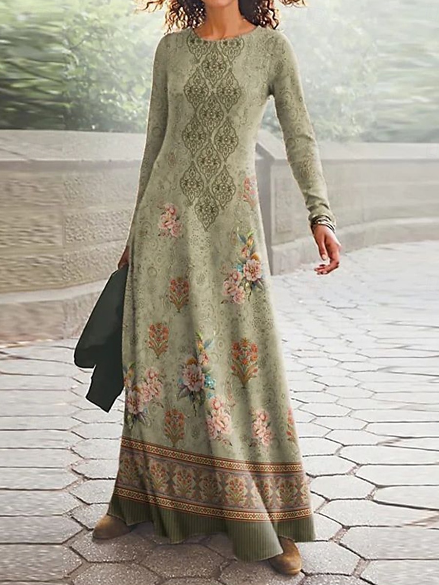 Damen Maxi Kleid Vintage Bohemian A-Linie Kleid Rundhalsausschnitt Langarm Lässig Täglicher Regulärer Schnitt Grafisch Paisley Blau Dunkelgrün Grün Frühling Herbst Winter 2026 - $34.99 –P3