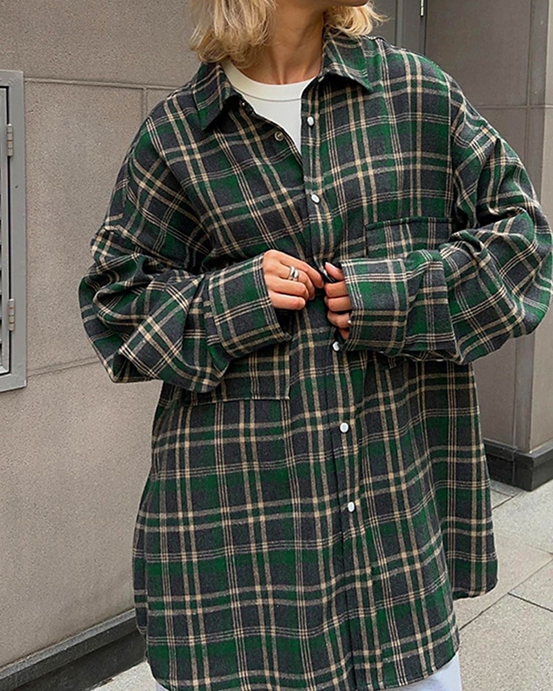 Femmes Chemise Plaid Quotidien Élégant Basique manche longue Col de chemise Hauts Réguliers Travail Quotidien Fête Boutons Vert Véronèse bleu marine Marron Printemps Automne de 2025 ? $31.99 –P6