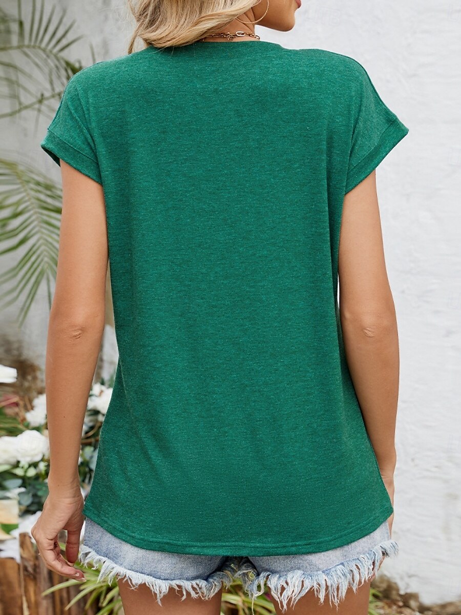 Femmes Hauts d'été Couleur Unie Élégant Occasionnel Manche Courte Col en V Hauts Réguliers Quotidien Froncé Vert cendré Noir Blanche Vin Été Printemps de 2025 ? $18.99 –P5