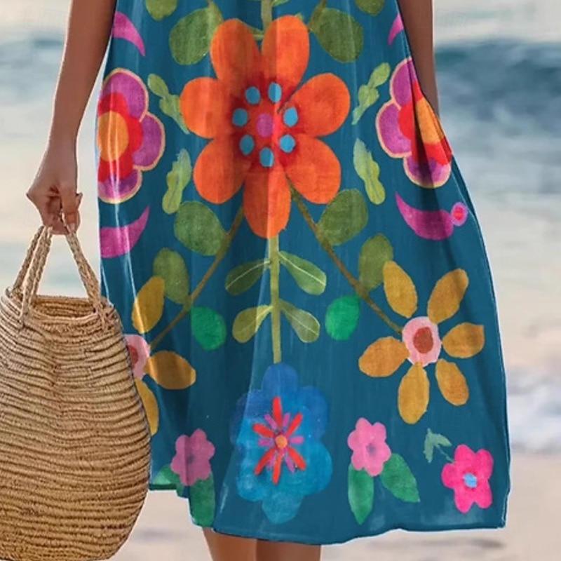 Femmes Robe Midi Robe Décontractée Robe d'été Mode Moderne Quotidien Plage Week-end Coupe régulière Fleur Sans manches Col ras du cou Bleu Été Printemps de 2025 ? $21.99 –P3