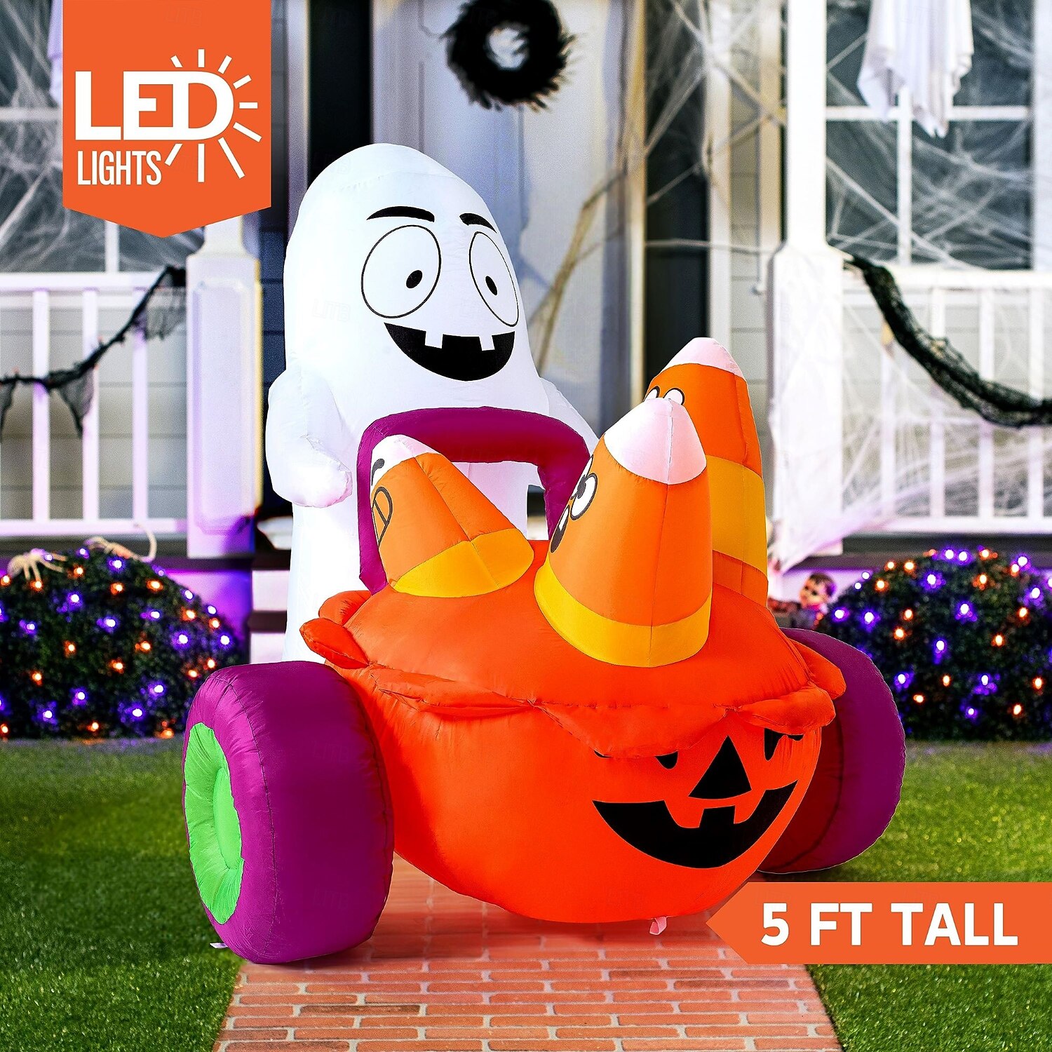 Gonfiabile fantasma di Halloween da 5 piedi che spinge una carrozza di zucche con caramelle, decorazione da giardino gonfiabile con LED integrati per feste di Halloween all'aperto, al chiuso, in del 2025 a $145.99 –P2