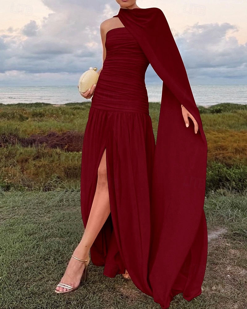 A-Line Evening Gown Dropped Waist Dress Semi Formal Wedding Guest Cape Dress Floor Length Sleeveless Off Shoulder Chiffon with Ruched Dreails A-Line Evening Gown Dropped Waist Dress Semi Formal Wedding Guest Cape Dress Floor Length Sleeveless Off Shoulder Chiffon with Ruched Dreails