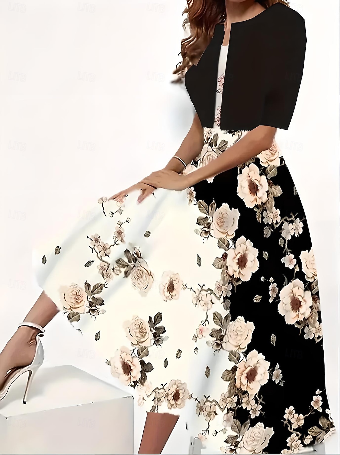 Ensemble de robes pour femmes en deux pièces robe midi avec veste élégante robe en A manches mi-longues robe décontractée semi-formelle imprimé floral ombragé encolure en V rendez-vous noire bleue de 2025 ? $36.99 –P3
