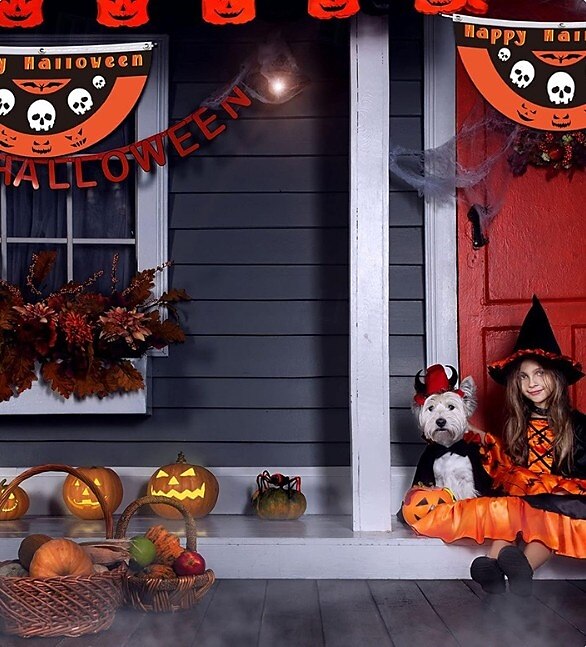 Halloween-waaiervlag, slinger voor buiten, vlag voor buiten, Halloween-tuinhek, hangende griezelige pompoenbanner, vlag voor op tafel, herfstkamerdecoratie, esthetische Halloween-verjaardagsfeestjesdecoratie. 2025 - $4.49 –P4