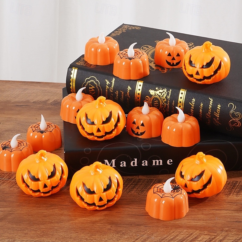 12 candele elettroniche a forma di zucca di Halloween con faccia di ragno, per interni ed esterni, per decorazioni di feste, atmosfere luminose del 2025 a $15.99 –P1
