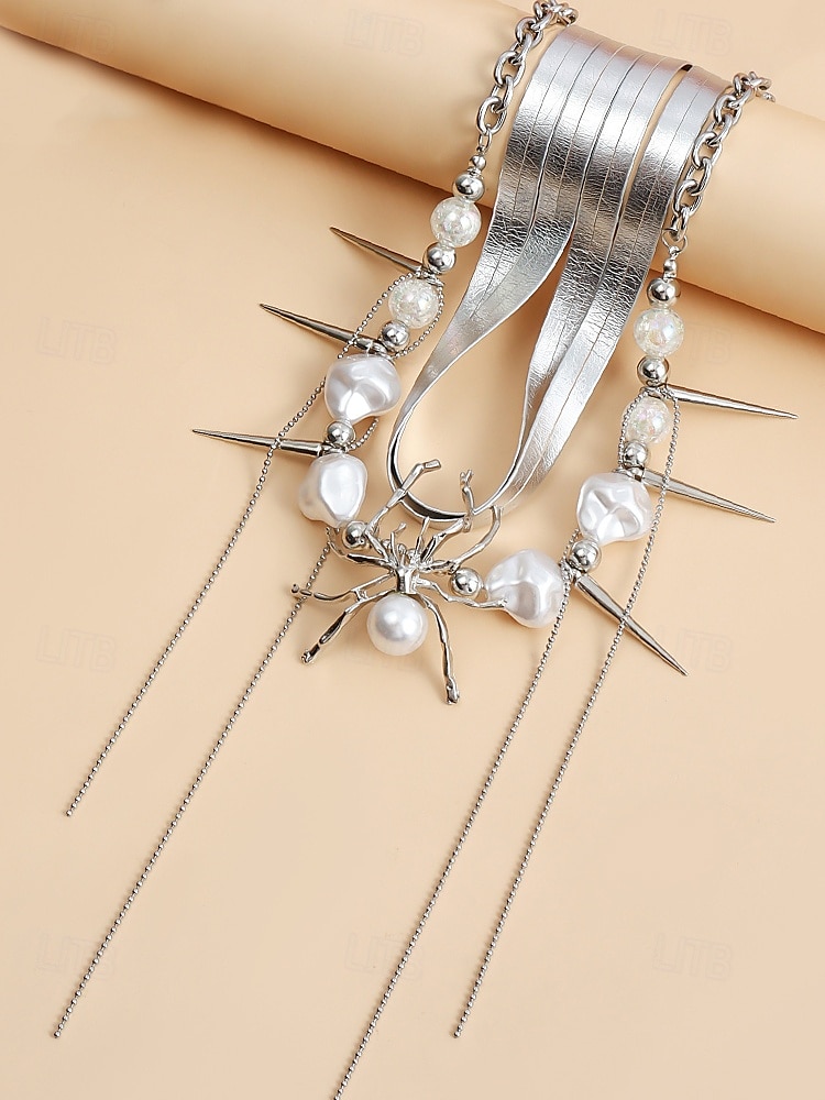 Halloween-Spinnenhalskette für Damen – Gothic-Punk-Design aus Legierung und Kunstperlen mit Stacheln und Ketten, auffälliger Modeschmuck für Partys, Cosplay und gruselige Abende 2025 - $11.99 –P4