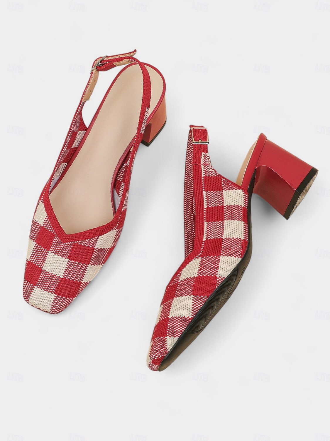 Women's Red Gingham Slingback Block Heel Pumps - Retro Style Knit Dress Shoes for Comfortable Walking, Casual Picnic, Summer Parties, and Daily Office Wear 2025 - $34.99 –P8