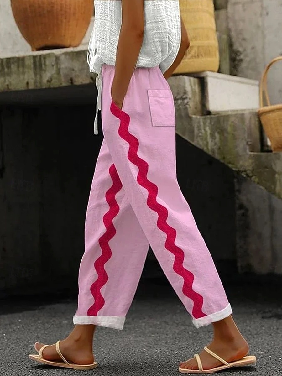 Chinos Femininos Linho Como Calças Férias Vintage Estilo Étnico Comprimento até o Tornozelo Cintura Alta Gráfico Linhas  Ondas Bordado Bolso Impressão Macia ao Ar Livre Respirável Inelástico Casual de 2026 por $49.99 –P1