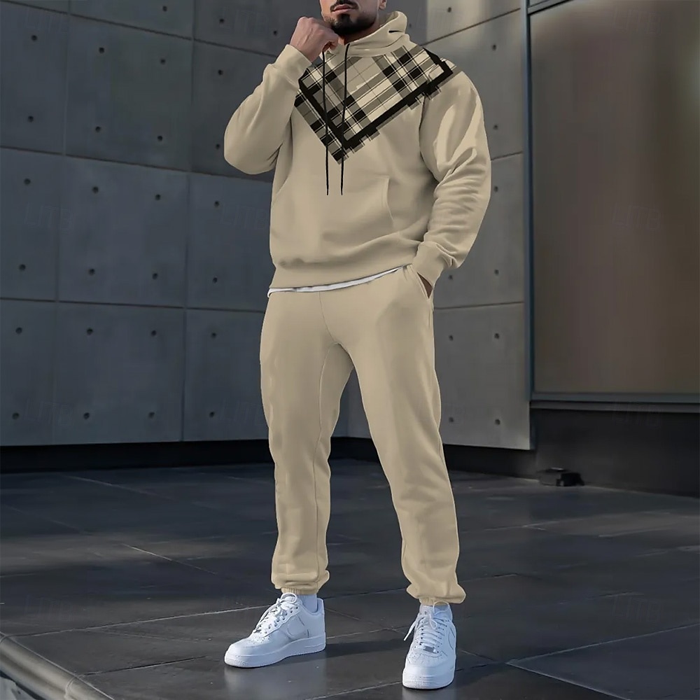 Men's Plaid Color Block 2pcs 3D Sweatshirt Sets Tracksuit Hoodie Sweatshirt Long Sleeve Long pants Hooded Sporty Casual Daily Athleisure 3D Print Spring Fall Winter Brown 2025 - $39.99 –P1