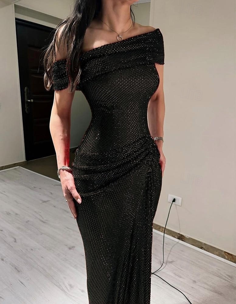 Rode jurk met glinsterende kristallen, stretch mesh, zeemeermin/trompet avondjurk, elegante jurk, formele bruiloft, lange jurk, mouwloos, off-shoulder, kant met plooien, gerimpeld, 2025 2025 - $155.99 –P7