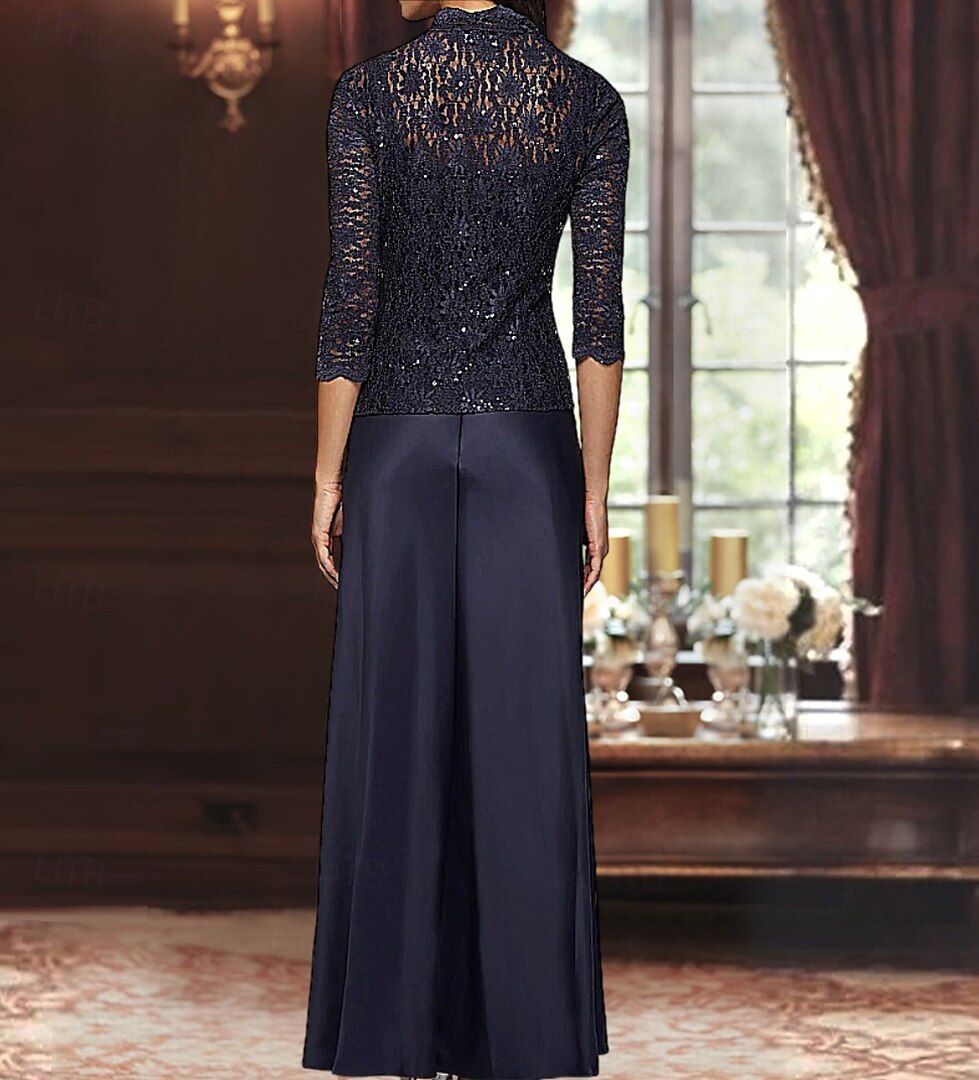 A-Linie Dreiteilig Brautmutterkleid Elegant Einfach luxuriös Quadrathals Bodenlang Satin Spitze Dreiviertelarm mit Spitze Paillette 2025 2025 - $129.99 –P3