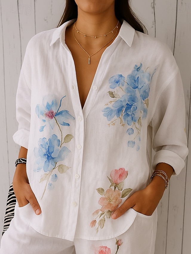 Per donna Camicia Camicia da Spiaggia Floreale Grafico Elegante Quotidiano Essenziale Manica Lunga Manica a Vescovo Colletto a Camicia Top Regolari Quotidiano Ferie Rosa Blu Estate Primavera del 2025 a $32.99 –P2