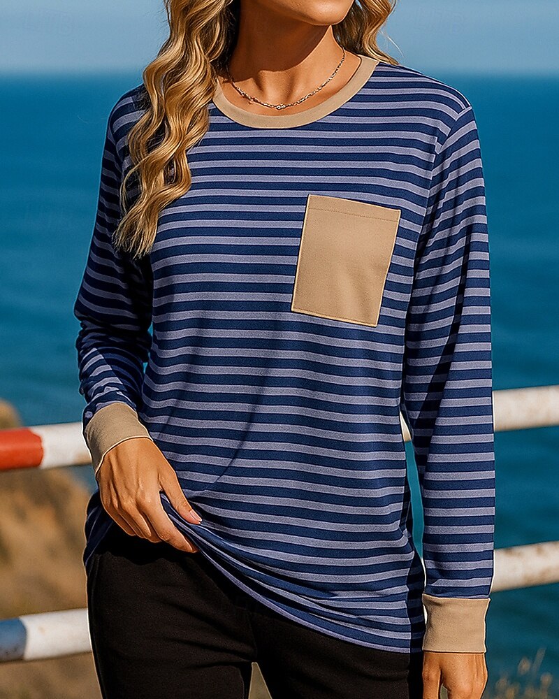 Dam Tröja med pullover Casual Toppar Ficka Långärmad Överdelar Fritids- Höst Rand Mode Utomhus Joggning Löpning Sportkläder Sportkläder Rodnande Rosa Röd Marinblå 2025 - $17.99 –P5