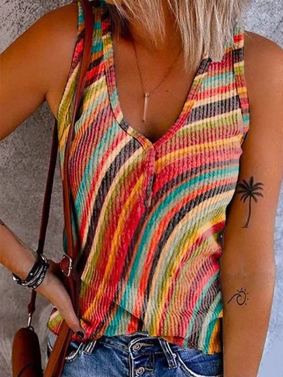 Per donna Canotta a canotta Grafico Blocco di colori Bohemien Elegante Retrò Vintage Senza Maniche Senza maniche Scollo a V Top corti Quotidiano Uscire Abbigliamento mare Stampato Nero Rosa Blu del 2025 a $17.99 –P3