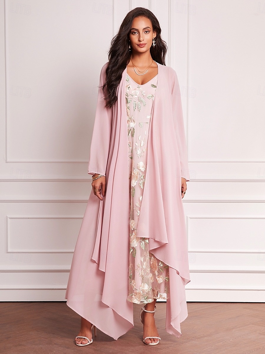A-Linie Brautmutterkleid Elegant V Ausschnitt Bodenlang Chiffon Langarm mit Stickerei 2025 2025 - $119.99 –P7